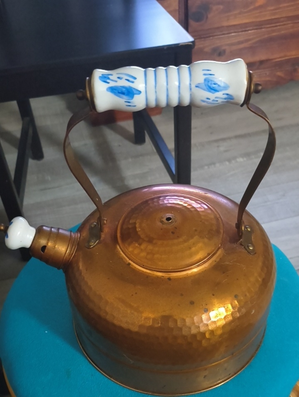 Copper Hammered Whistling Teakettle with White Blue Porcelain Handle